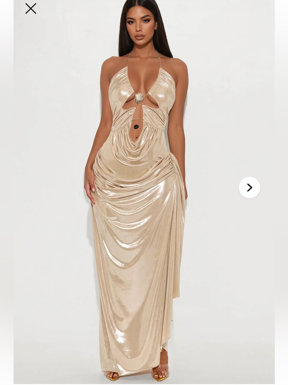 Fashion Nova Mira Draped Metallic Maxi Dress Gold Large NWT Chain Seashell Gown